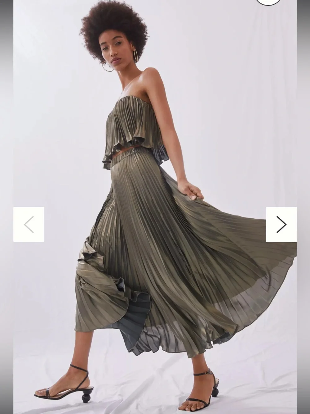 New Anthropologie Pleated Metallic Skirt Set Gold Green Cropped Top Midi Maxi 6